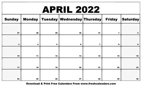 Blank April 2022 Printable Calendar Free Templates April 2022