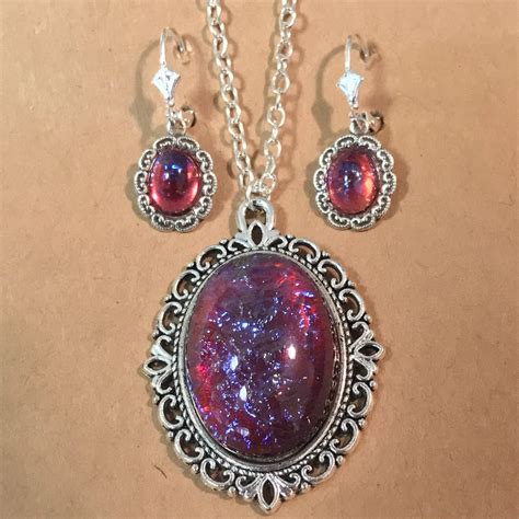 Large Opal Necklace Mexican Fire Opal Glass Pendant Opal Earrings Red