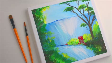 Easy Acrylic Canvas Painting Waterfall Painting Daily Art 350 Youtube