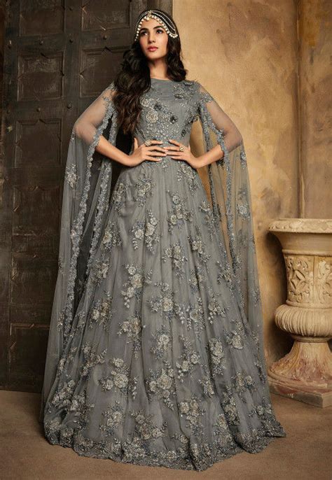 Embroidered Net Gown In Grey Tch23