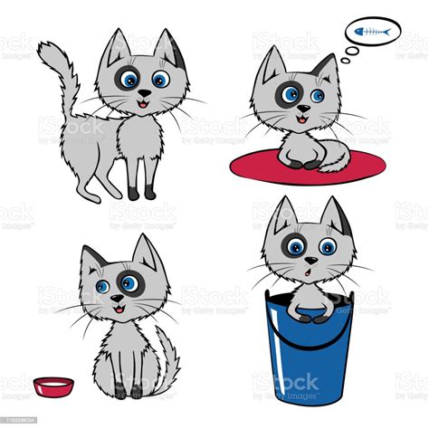 Set Of Cartoon Funny Gray Cats Isolated On The White Background Vector
