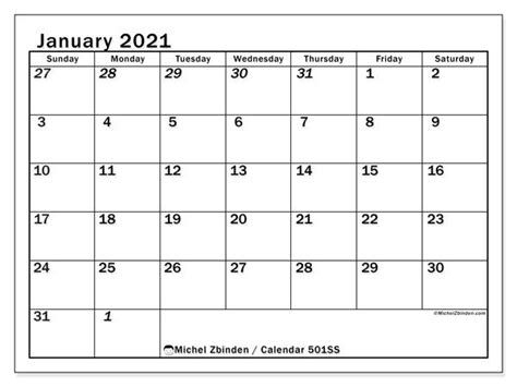 January 2021 Monday Through Sunday Calendar Example Calendar Printable