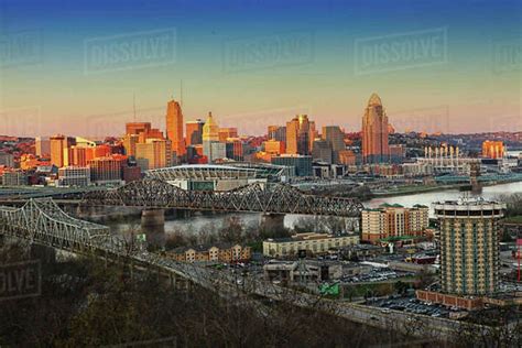 View Of The Cincinnati City Center At Dusk Stock Photo Dissolve