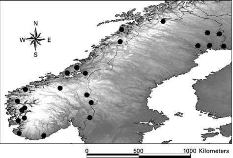 Topography Map Showing The Scandinavian Mountain Range Which Extends