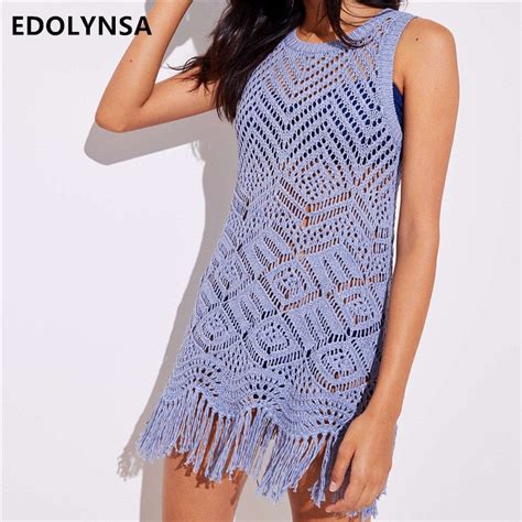 Lavender Mesh See Through Sleeveless Fringed Elastic Crochet Straight