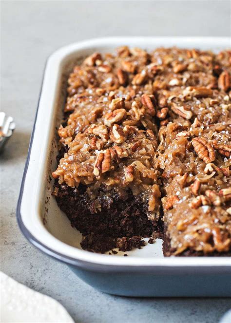 Heavenly cake layers slathered in fluffy frosting — who german chocolate: German Chocolate Snack Cake With Coconut-Pecan Frosting