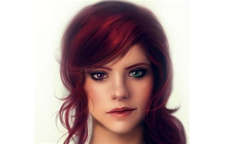 To finish the look, opt for dark brows and a rosy pink or matching purple lip. Wallpaper : face, redhead, model, long hair, green eyes ...
