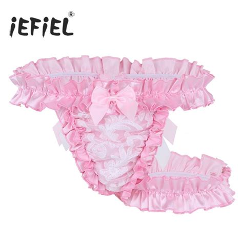 Iefiel Mens Lingerie Bowknot Lace Frilly Satin Ruffled Sissy Gay Male Panties High Cut G String