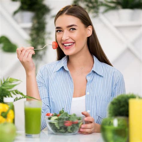 Diet Concept Young Girl Eating Fresh Vegetable Salad Stock Photo