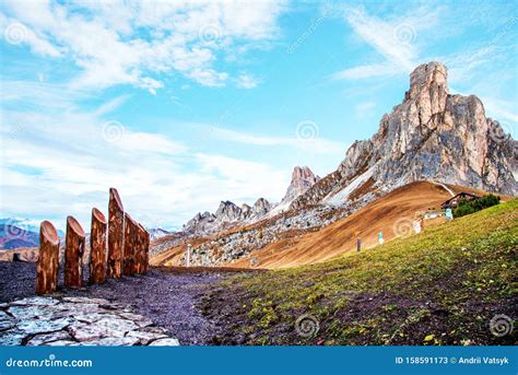 Magical Charming Autumn Landscape With Mountain On Passo Giau Near S