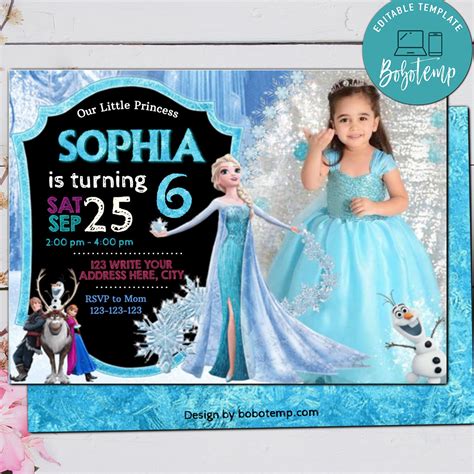 Editable Frozen Elsa With Photo Snowflake Ice Birthday Invite
