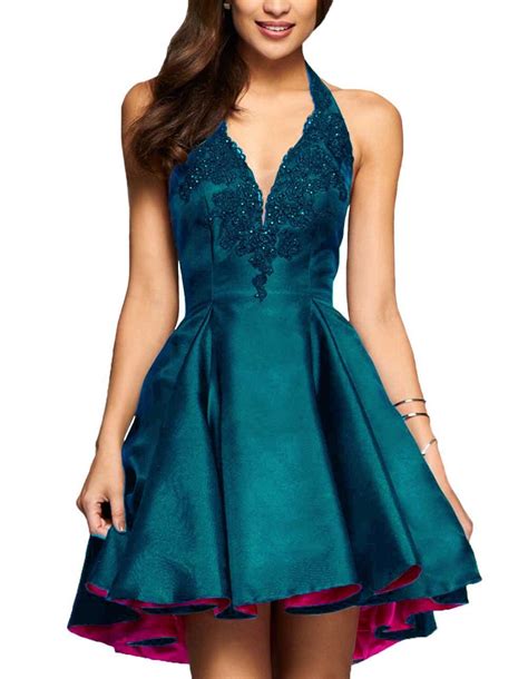 Halter Lace Satin Short Prom Dress For Teens High Low A Line Homecoming