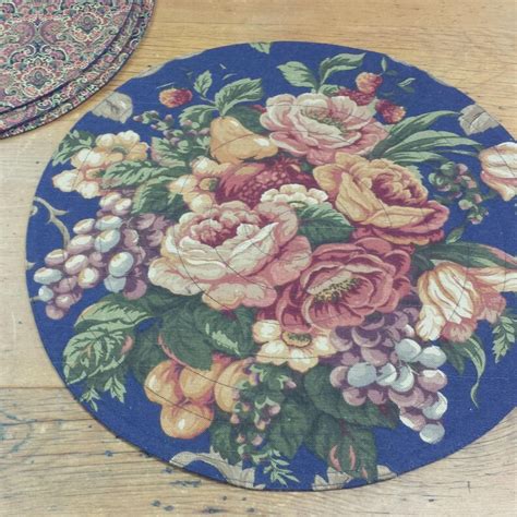 Set Of 4 Round Quilted Placemats Navy Blue Fruit And Floral Etsy