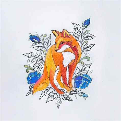 Sketch Foxes In The Flowers On A White Background Stock Image Image