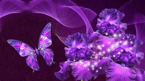 Purple Butterfly Near Flowers With White Sparkles Hd