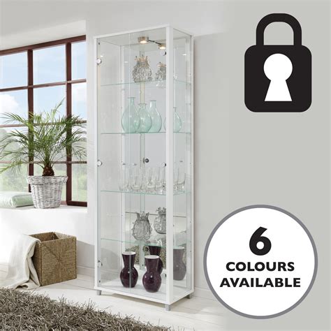 Lockable Fully Assembled Home White Double Glass Display Cabinet 7 Glass Shelves Mirror Back
