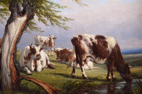 Landscape Oil Painting Of Cattle By Thomas Baker Of Leamington Bada