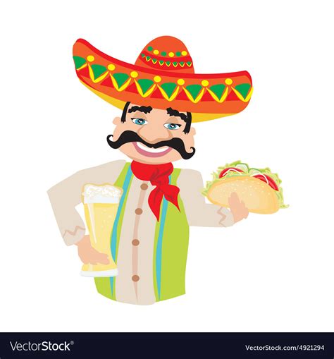 Mexican Man Holding A Cold Beer And A Taco Vector Image