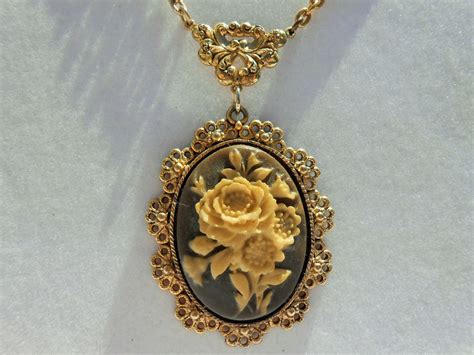 Gold Necklace Cameo Necklace Flower Cameo Rose Cameo Celluloid