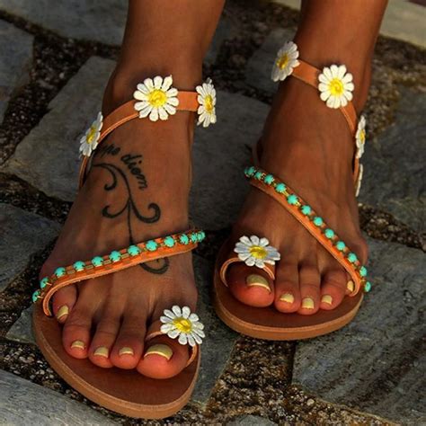 Women S Summer Beach Pu Flat Sandals Flowers Beading Girl Cute Casual Brown Fashion Sexy Slip On