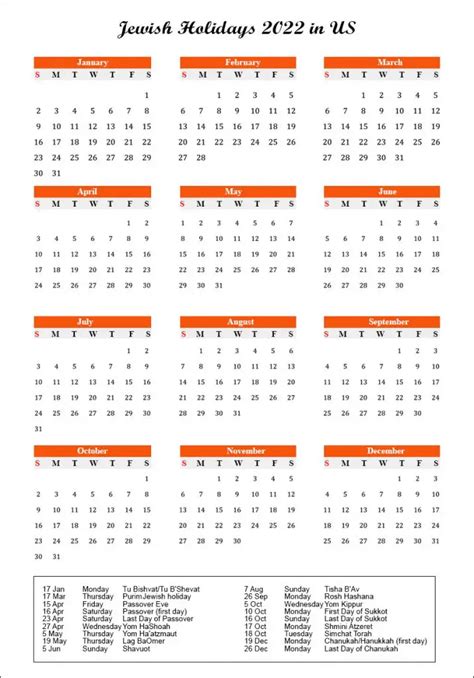 Jewish Holidays 2022 Usa Jewish Calendar 2022 With Holidays