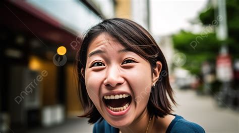 Young Asian Woman On One Of The City Streets Is Screaming Background Asian Woman With A Smile