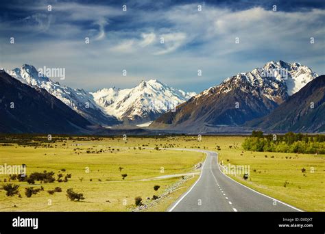 Landscape With Road And Snowy Mountains Southern Alps New Zealand