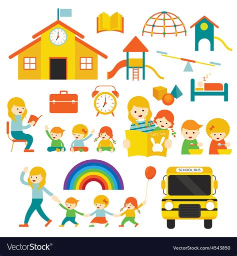 Kindergarten Preschool Teacher And Kids Set Vector Image
