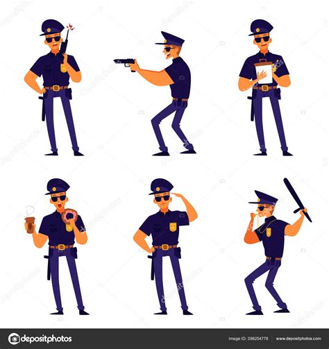 Caricatura Policía Pose Set Hombre Aislado En Uniforme De Policía