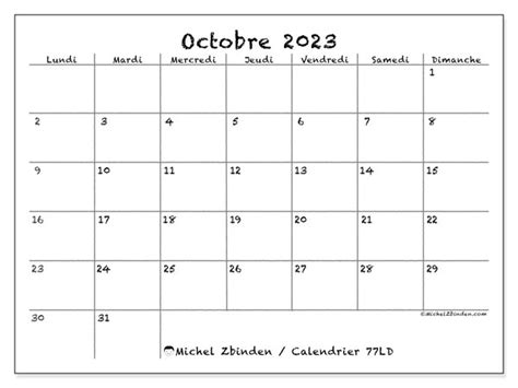 Calendrier Octobre 2023 à Imprimer “77ld” Michel Zbinden Fr