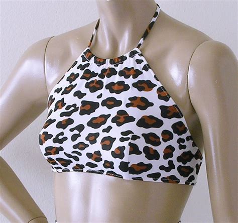 High Neck Halter Bikini Top In White Leopard Print In S M L XL Etsy