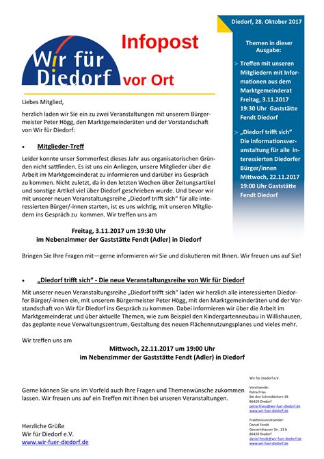 31 in diedorf, ☎ telefon 08238 2307 mit ⌚ öffnungszeiten und anfahrtsplan. Die neueste Infopost vom 28.10.2017 jetzt online! - Wir ...