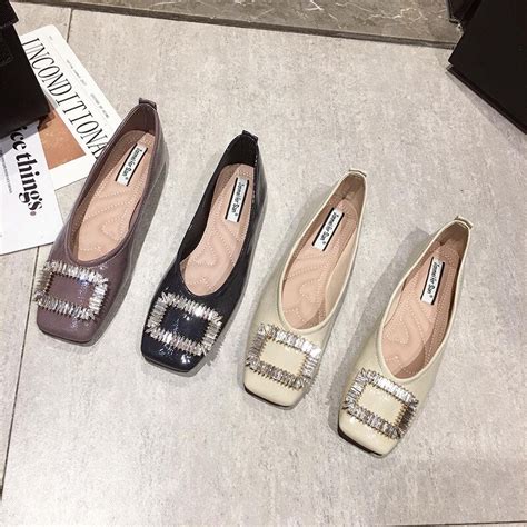 2021 Chic Square Crystal Buckle Flats Woman Square Toe Loafers Shiny