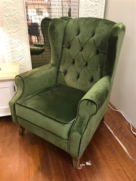 Wingback Chair Tufted Green Velvet Oak Chesterfield Buffet And Hutch
