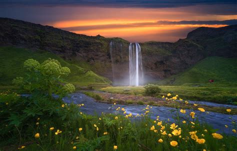Wallpaper Sunset Flowers Waterfall Iceland Images For Desktop