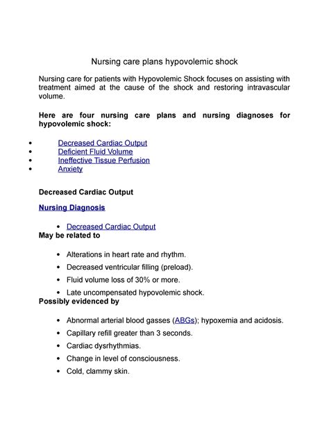 Nursing Care Plans Hypovolemic Shock Nursing Care Plans Hypovolemic