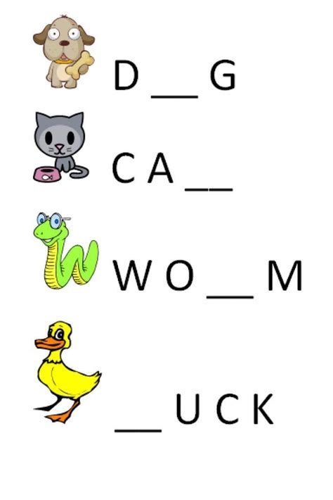 MISSING LETTERS // MATERIALS: Printed worksheet with clipart images and their names with missing ...