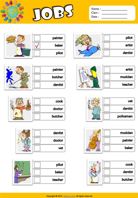Jobs Esl Vocabulary Multiple Choice Worksheet For Kids