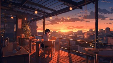 Premium Photo Anime Girl Sitting On A Balcony With A Laptop At Sunset