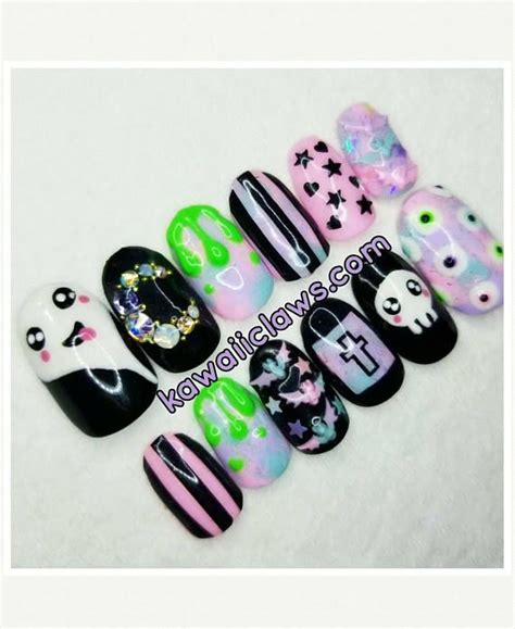 Pastel Goth Kawaii Halloween Creepy Cute Gel Nail Art ... Suzie designs a striking set of goth nails using clear acrylic, gel paint, stamping, and swarovski crystalpixie.products used in this video:forms and glass.
