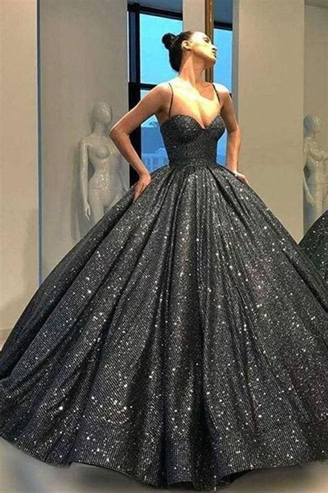 Prom Dresses Ball Gown Sparkly Black Sweetheart Spaghetti Straps Prom