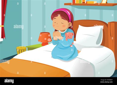 A Vector Illustration Cute Little Girl Praying Before Going To Bed
