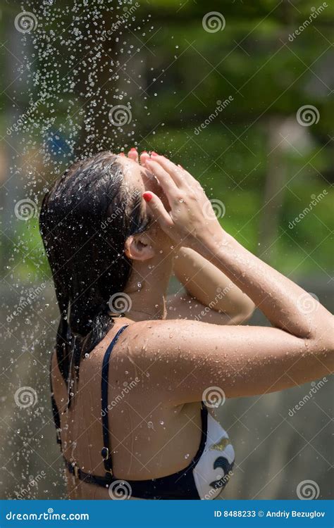 Girl In The Outdoor Shower Stock Image Image Of Hygiene