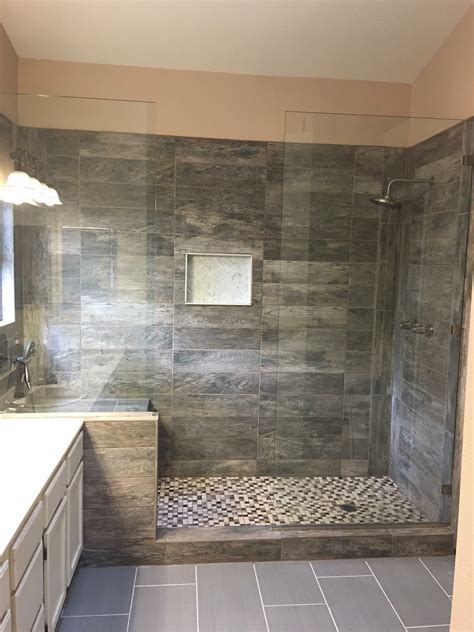 Large Tile Shower With Double Shower Heads And Bench Seat Large Tile