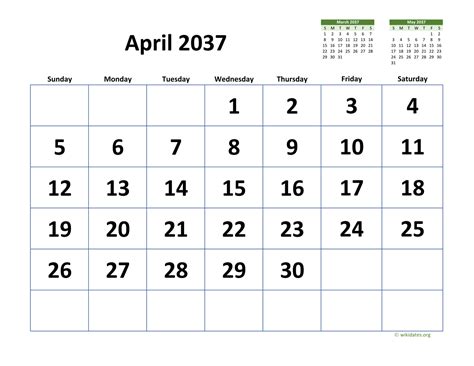April 2037 Calendar With Extra Large Dates