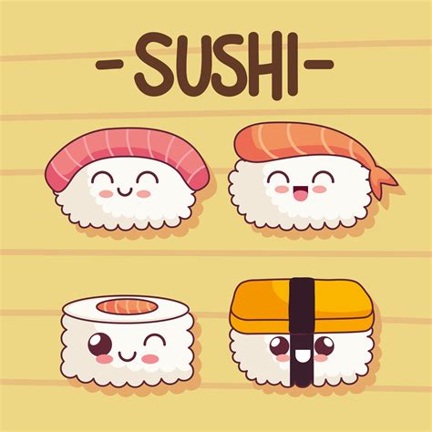 Four Cute Sushi Kawaii Icons 5374476 Vector Art At Vecteezy