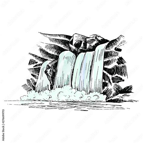 Waterfall Vector Sketch Cascade Waterfall In The Rocks Hand Drawn