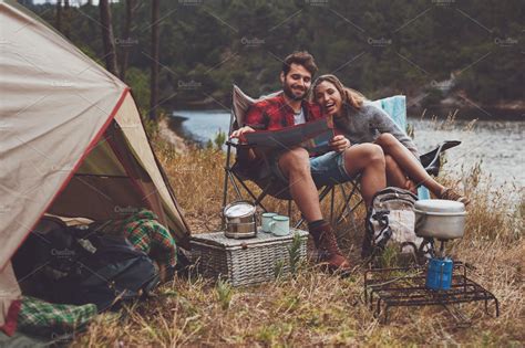 Loving Couple Camping By The Lake People Images ~ Creative Market
