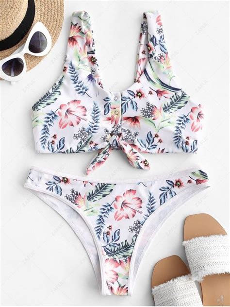 [25 off] 2021 zaful snap button knot leaf floral bikini swimsuit in white zaful