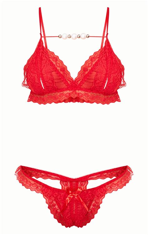 red lace beaded lingerie set lingerie prettylittlething usa